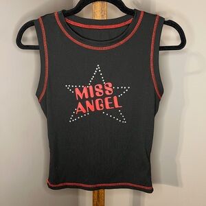Black Tank Top with Red Trim - "Miss Angel" Star Graphic